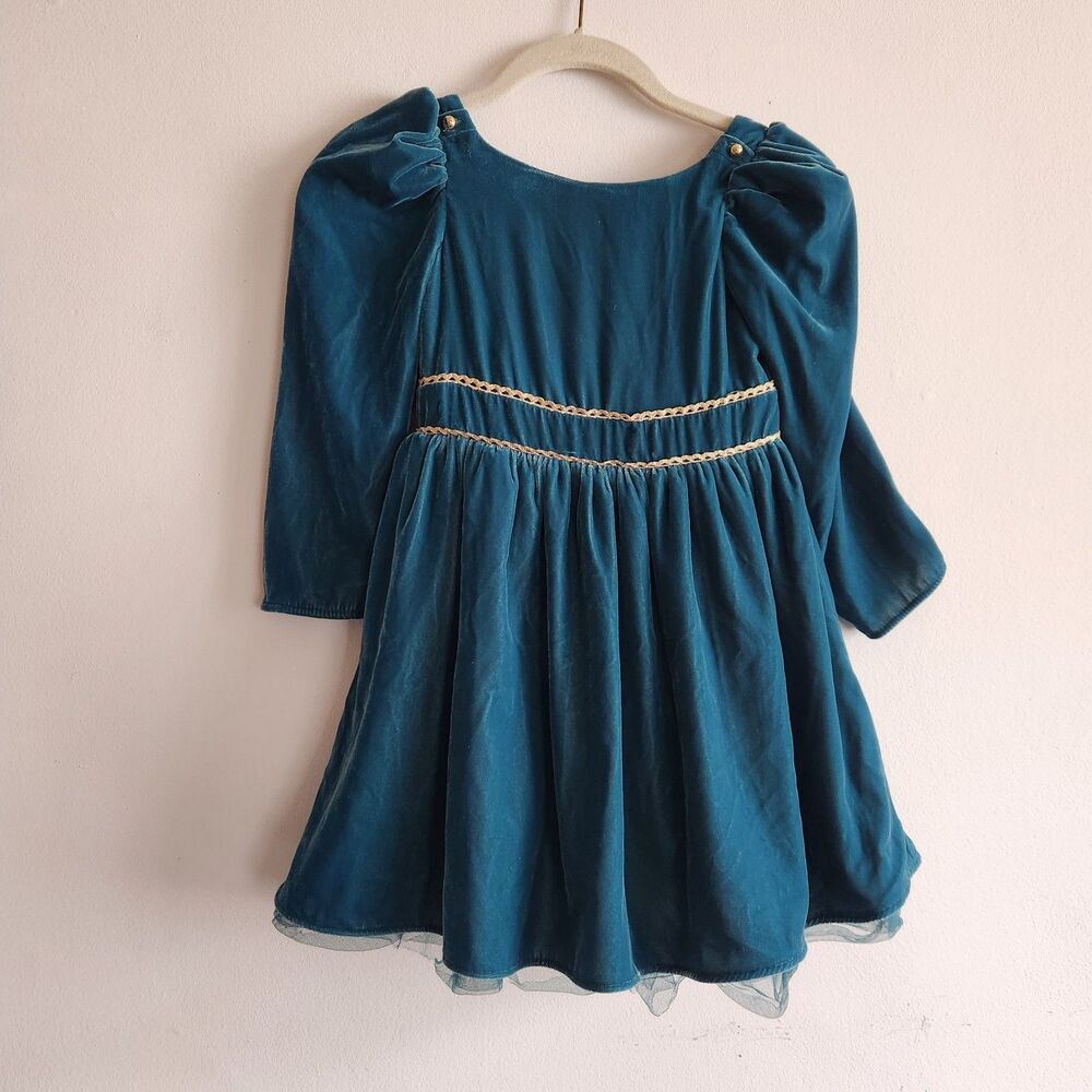 Janie and Jack Frozen Girls Velvet Green Gold Puff Sleeve Dress with Tulle 5T